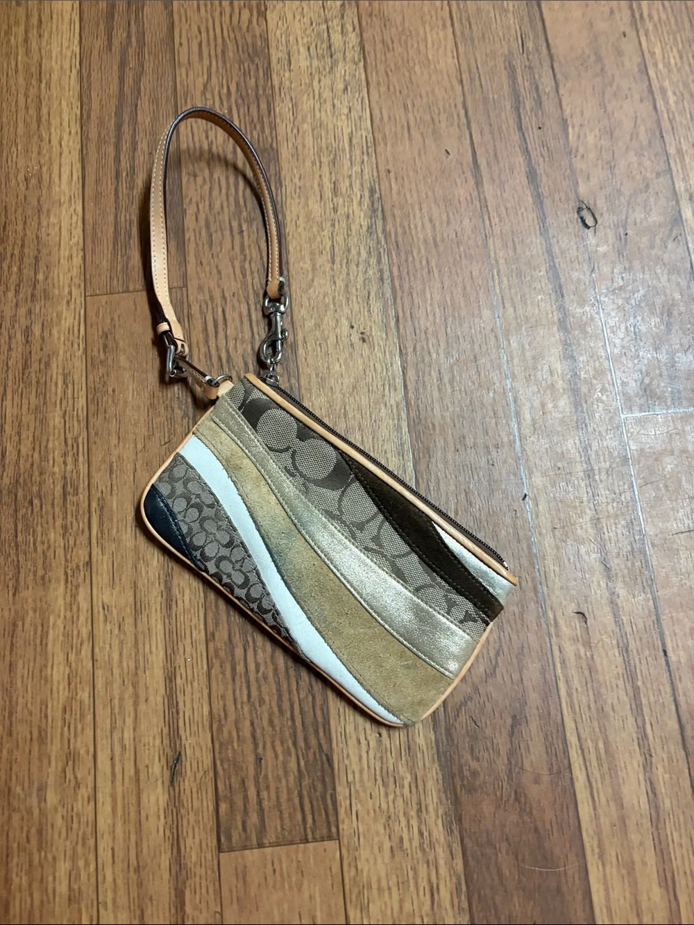 Coach Patchwork Signature Wristlet in Tan, Brown & White